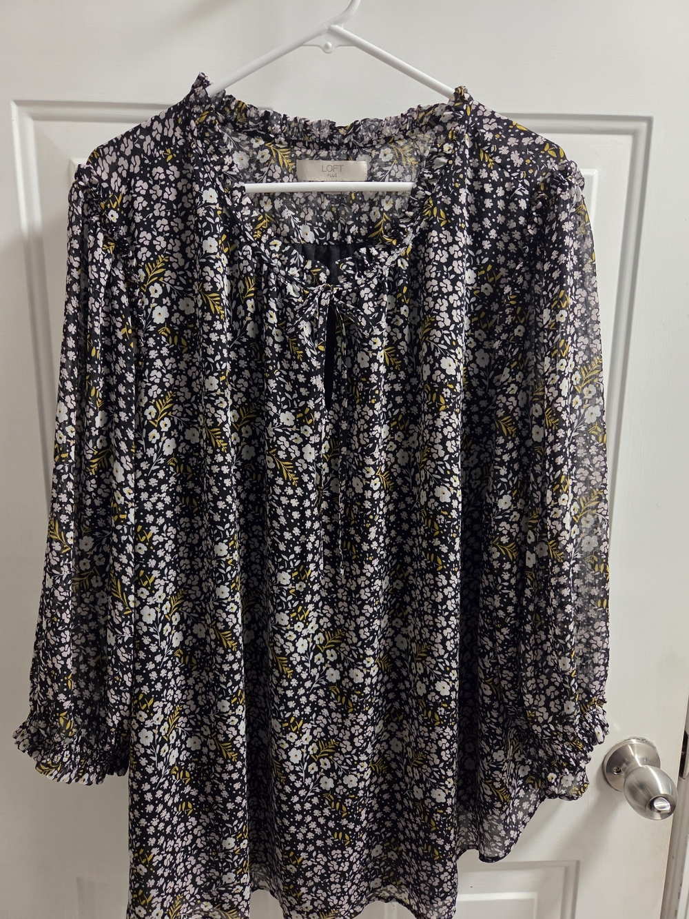 LOFT Black Floral Tie-Front Blouse with Yellow Accents